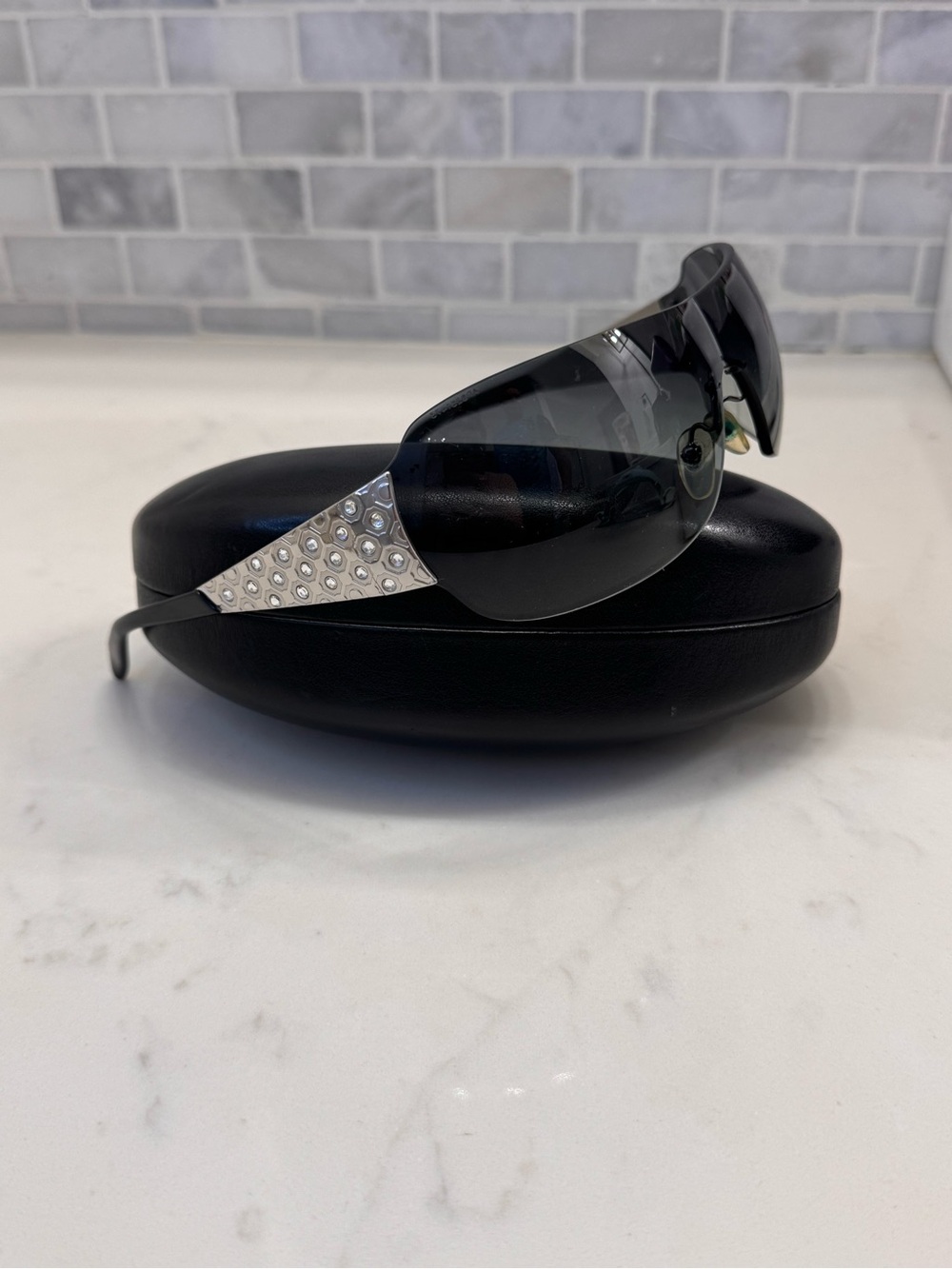 Prada Unisex Black Shield Sunglasses with Silver Crystal Accents